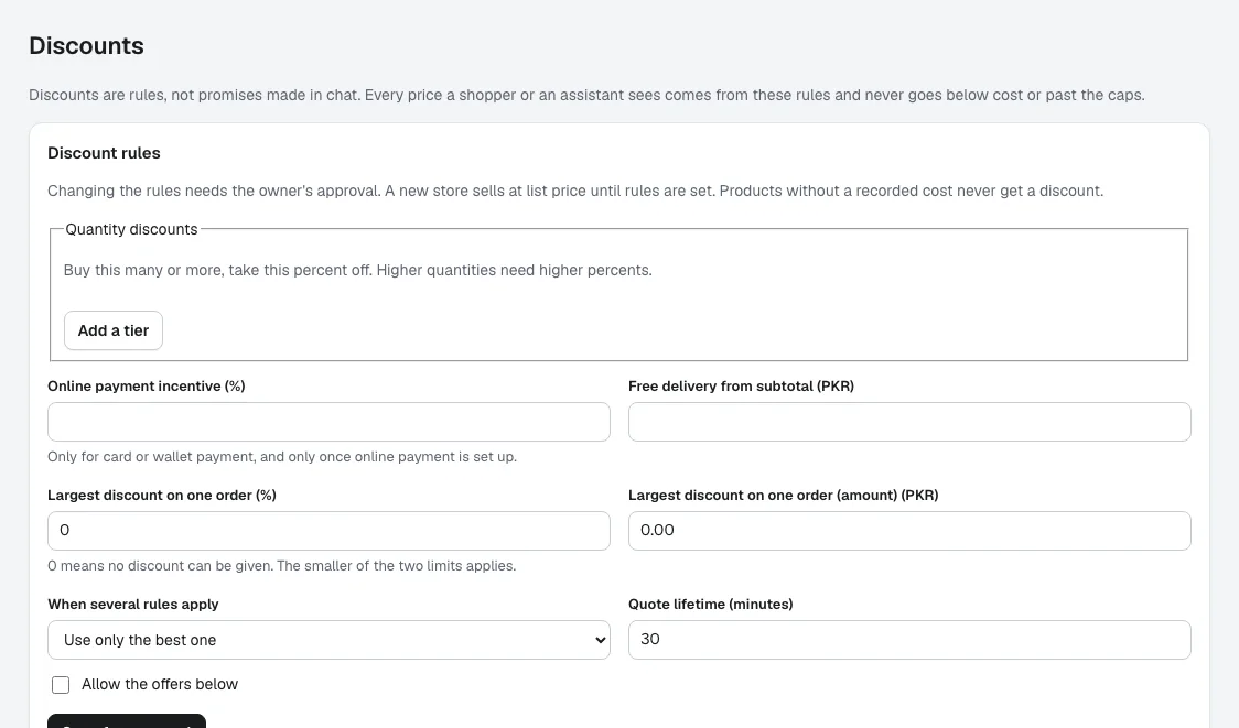 The Discounts page of the Zambeel AI admin