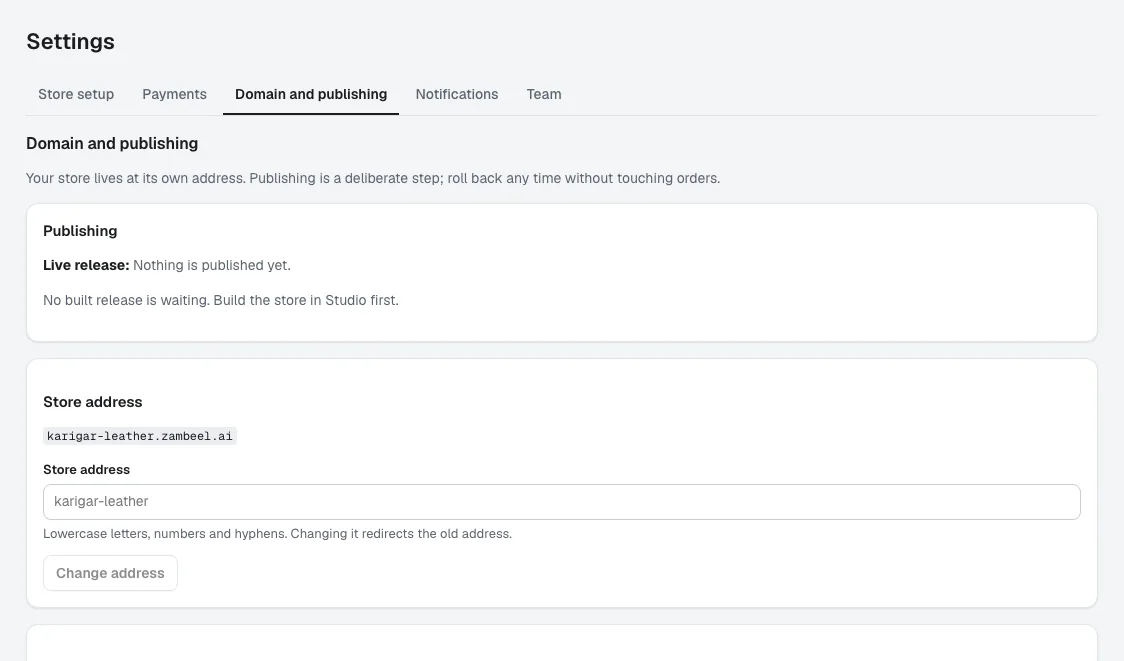 The Publish and domains page of the Zambeel AI admin