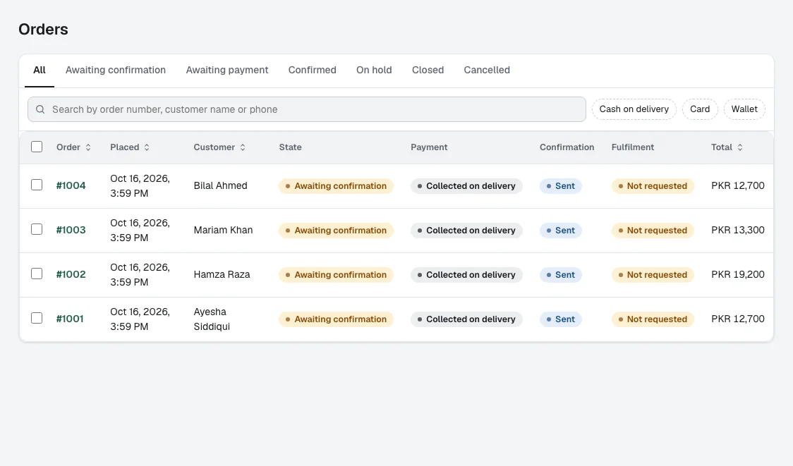 The Orders page of the Zambeel AI admin with cash-on-delivery orders awaiting confirmation