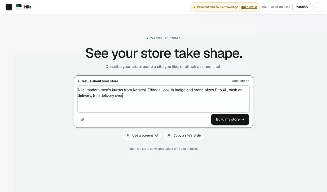 Zambeel AI Studio with the brief box where a merchant describes their store